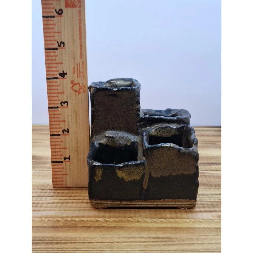 Pen Pencil Holder Earthen Tone ware 4 Slot Tired Hand-crafted Artisan Glaze Vtg‎